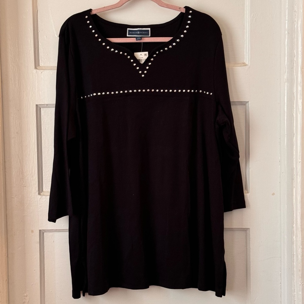 Karen Scott 3/4-Sleeve Embellished Boat Neck Tunic Top Size 2X NWT Black - Picture 3 of 13